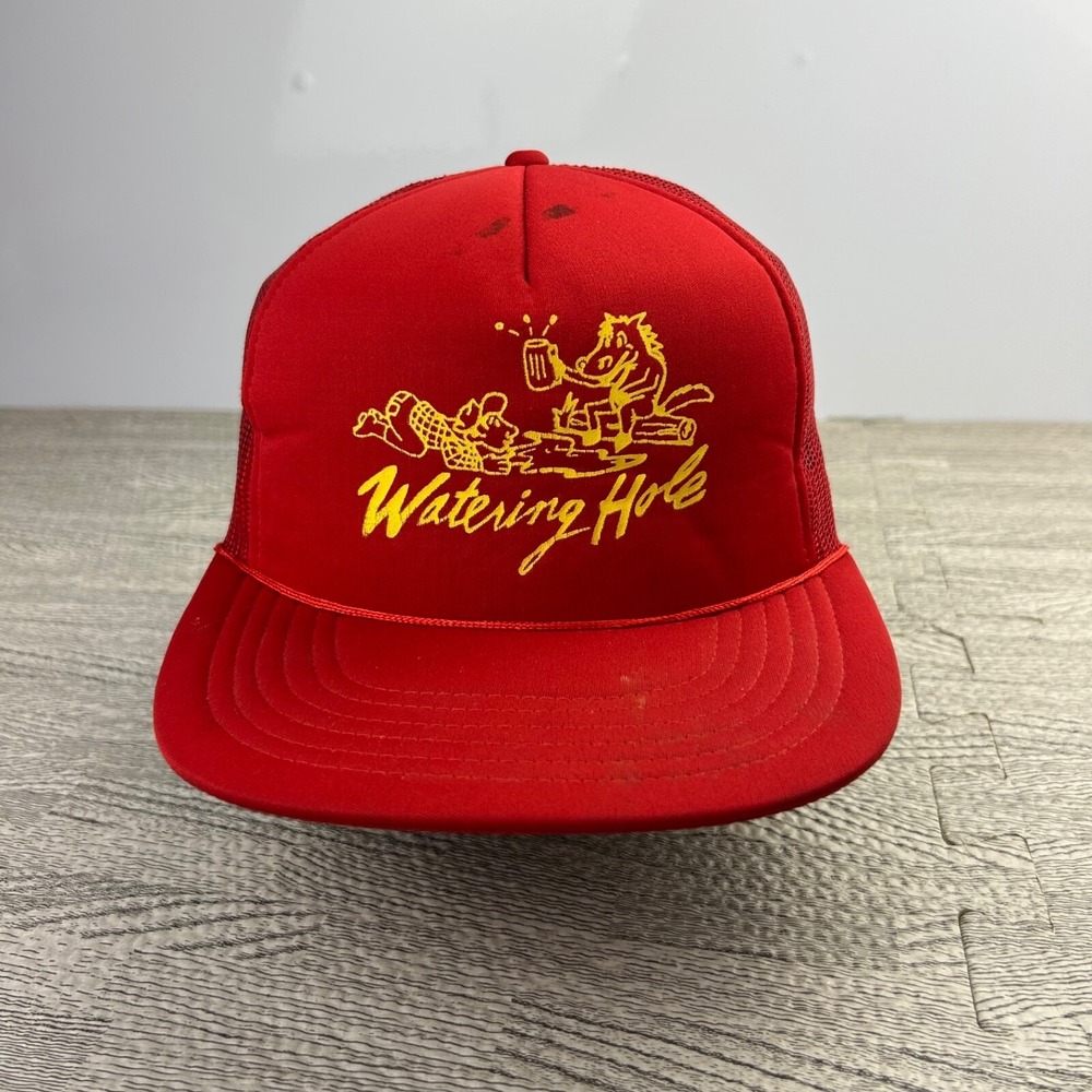 Vintage 80s Watering Hole Trucker Hat Cap Snap Back Adjustable Red Alcohol Adult